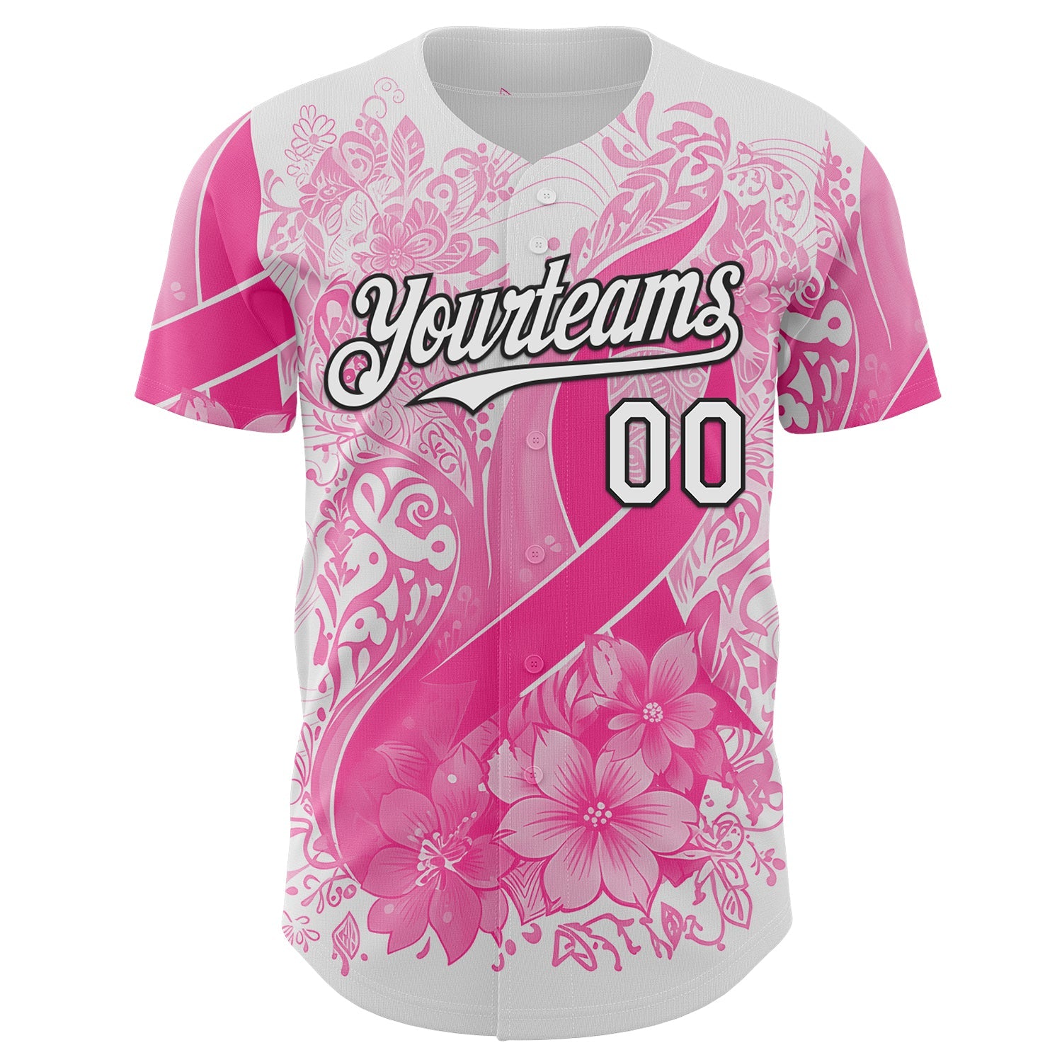 Custom White Pink-Black Breast Cancer Awareness Pink Ribbon Floral Authentic Baseball Jersey view 2