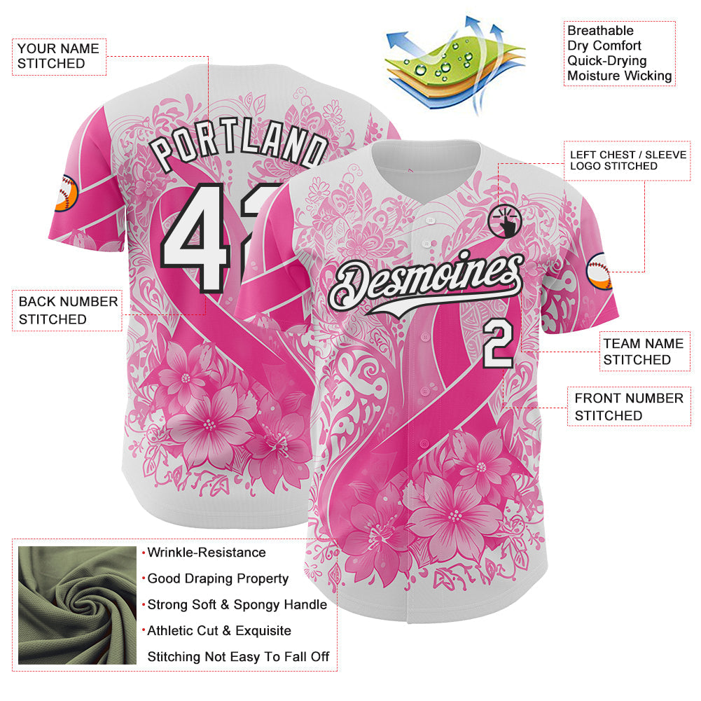 Custom White Pink-Black Breast Cancer Awareness Pink Ribbon Floral Authentic Baseball Jersey view 3