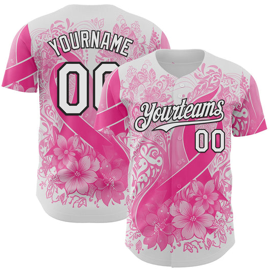 Custom White Pink-Black Breast Cancer Awareness Pink Ribbon Floral Authentic Baseball Jersey - Main View
