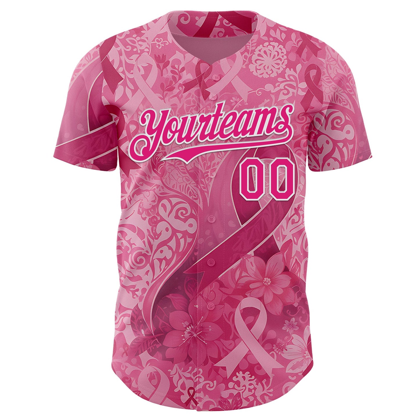 Custom Pink Hot Pink-White Breast Cancer Awareness Pink Ribbon Floral Authentic Baseball Jersey view 2