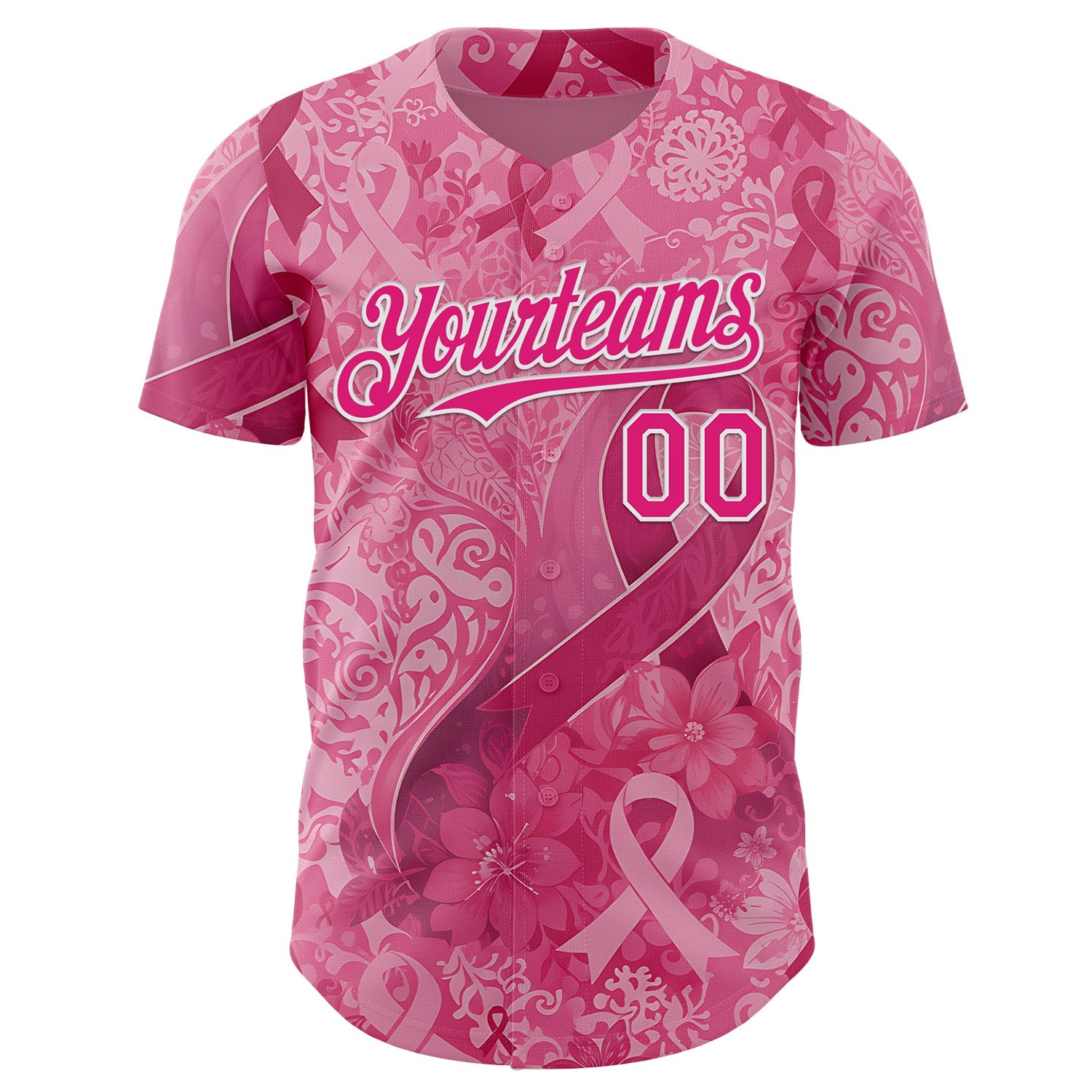 Custom Pink Hot Pink-White Breast Cancer Awareness Pink Ribbon Floral Authentic Baseball Jersey view 2