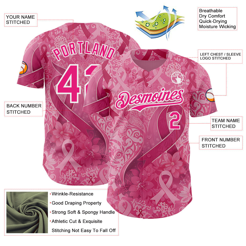 Custom Pink Hot Pink-White Breast Cancer Awareness Pink Ribbon Floral Authentic Baseball Jersey view 3