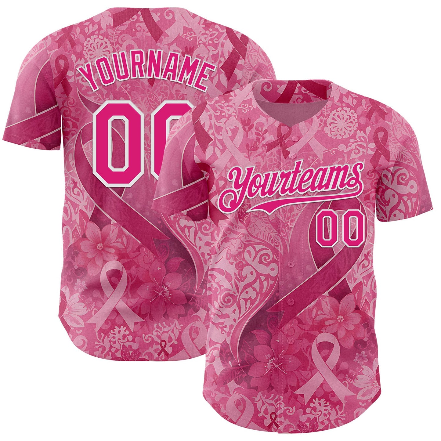 Custom Pink Hot Pink-White Breast Cancer Awareness Pink Ribbon Floral Authentic Baseball Jersey - Main View