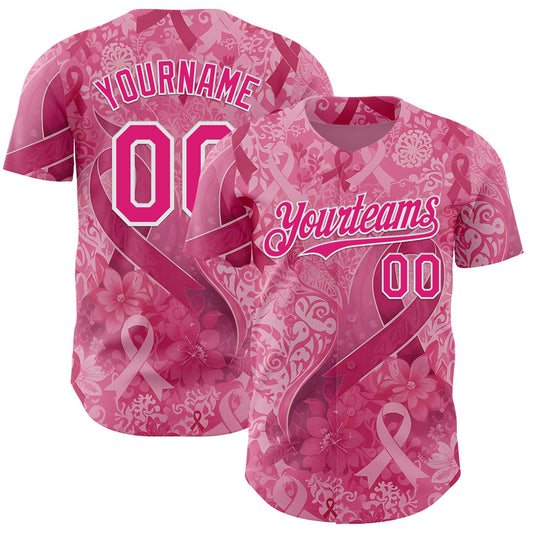 Custom Pink Hot Pink-White Breast Cancer Awareness Pink Ribbon Floral Authentic Baseball Jersey - Main View