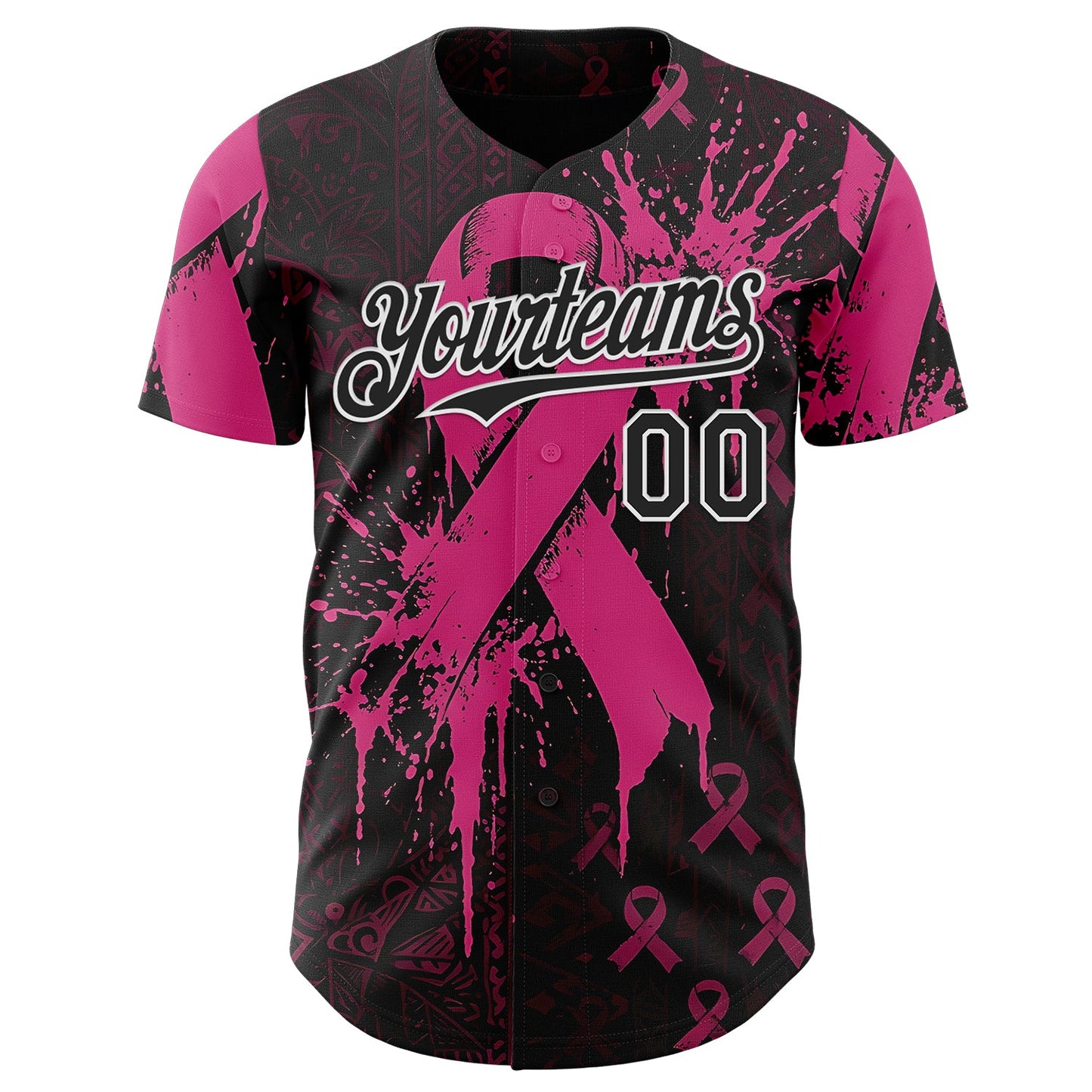 Custom Black Red-White Breast Cancer Awareness Fight Pink Ribbon Authentic Baseball Jersey view 2