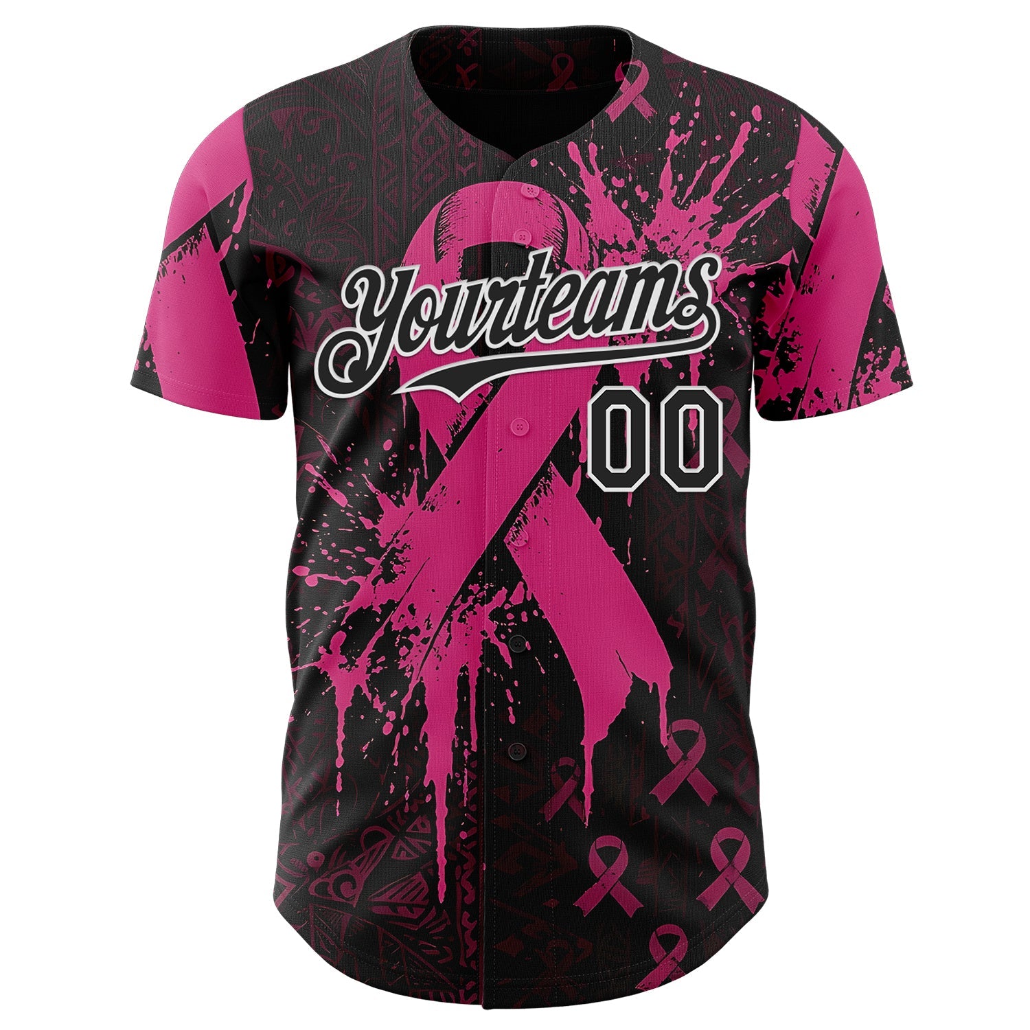 Custom Black Red-White Breast Cancer Awareness Fight Pink Ribbon Authentic Baseball Jersey view 2