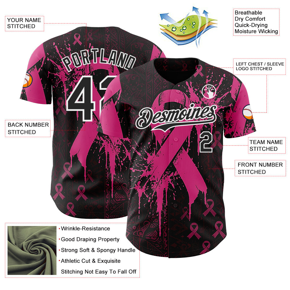 Custom Black Red-White Breast Cancer Awareness Fight Pink Ribbon Authentic Baseball Jersey view 3