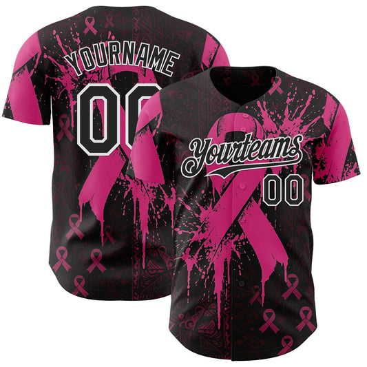 Custom Black Red-White Breast Cancer Awareness Fight Pink Ribbon Authentic Baseball Jersey - Main View