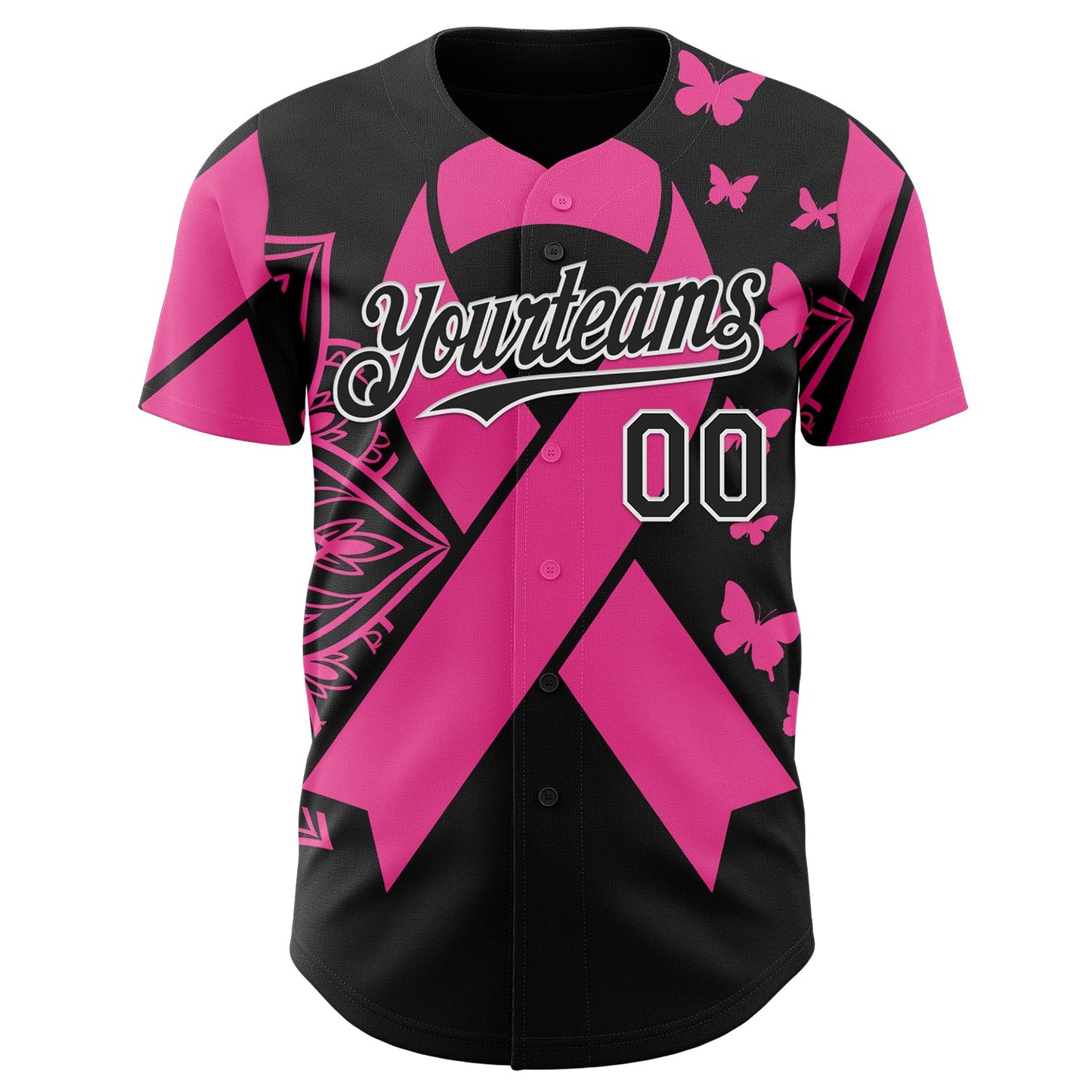 Custom Black Pink-White Breast Cancer Awareness Pink Ribbon Butterfly Authentic Baseball Jersey view 2