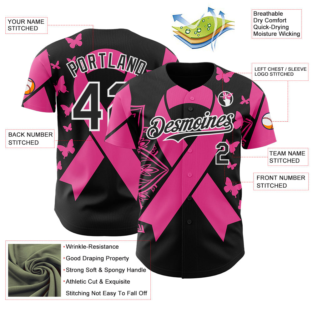 Custom Black Pink-White Breast Cancer Awareness Pink Ribbon Butterfly Authentic Baseball Jersey view 3