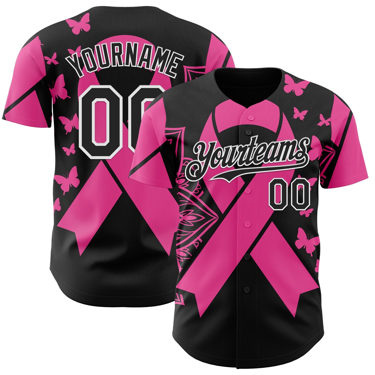 Custom Black Pink-White Breast Cancer Awareness Pink Ribbon Butterfly Authentic Baseball Jersey - Main View