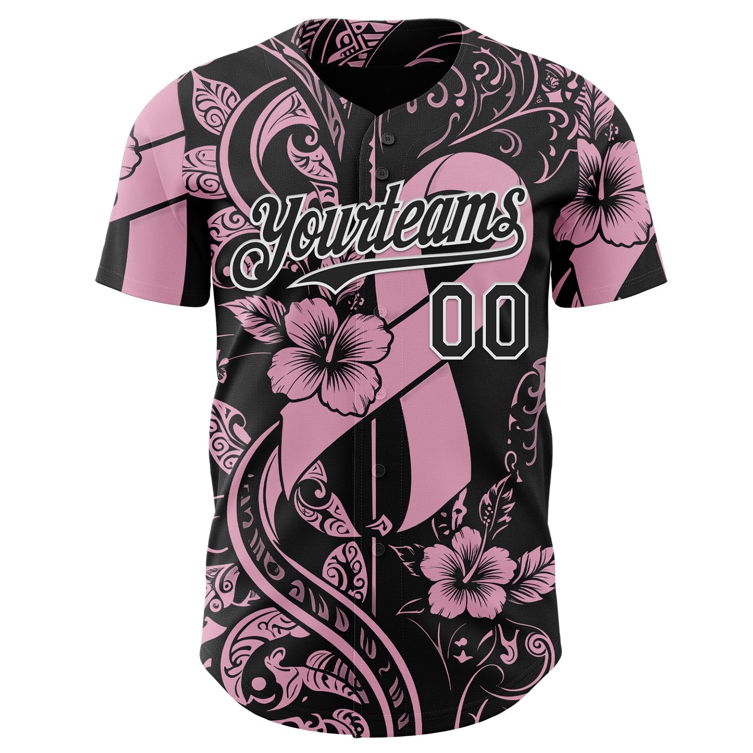 Custom Black Light Pink-White Breast Cancer Awareness Pink Ribbon Floral Authentic Baseball Jersey view 2