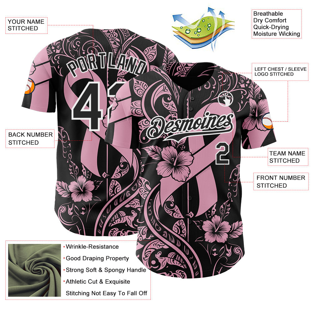 Custom Black Light Pink-White Breast Cancer Awareness Pink Ribbon Floral Authentic Baseball Jersey view 3