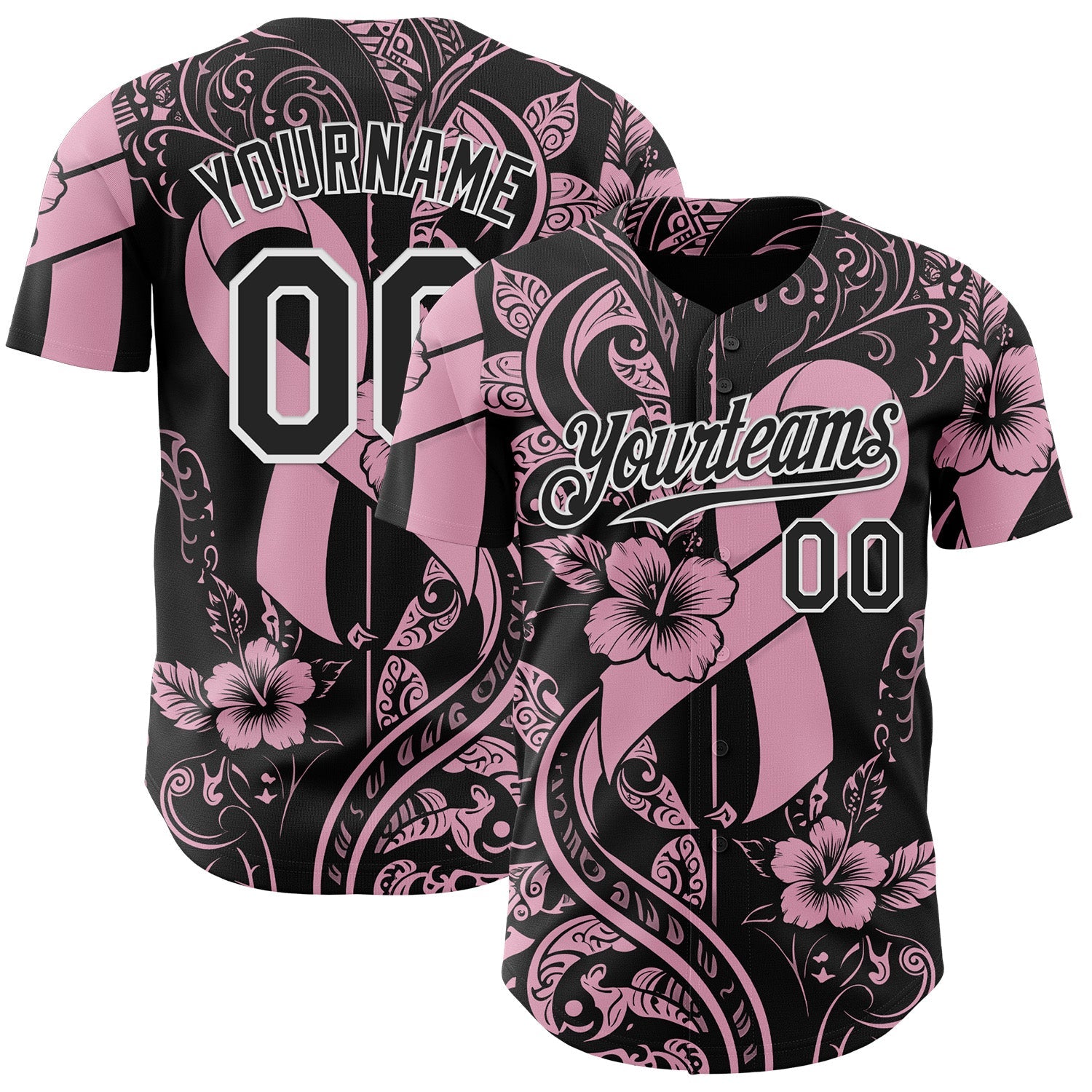 Custom Black Light Pink-White Breast Cancer Awareness Pink Ribbon Floral Authentic Baseball Jersey - Main View