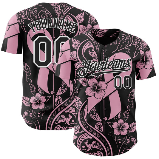Custom Black Light Pink-White Breast Cancer Awareness Pink Ribbon Floral Authentic Baseball Jersey - Main View