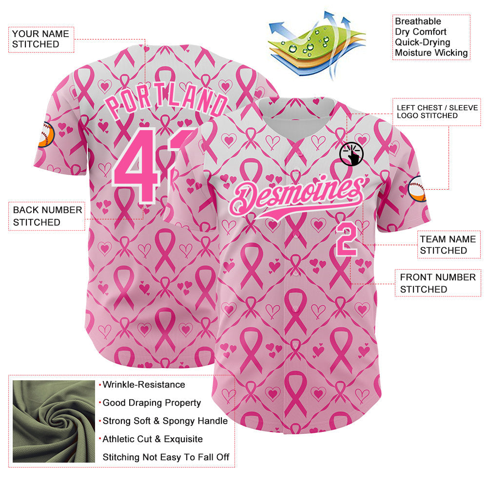 Custom White-Pink Breast Cancer Awareness Support Pink Ribbon Authentic Baseball Jersey view 3