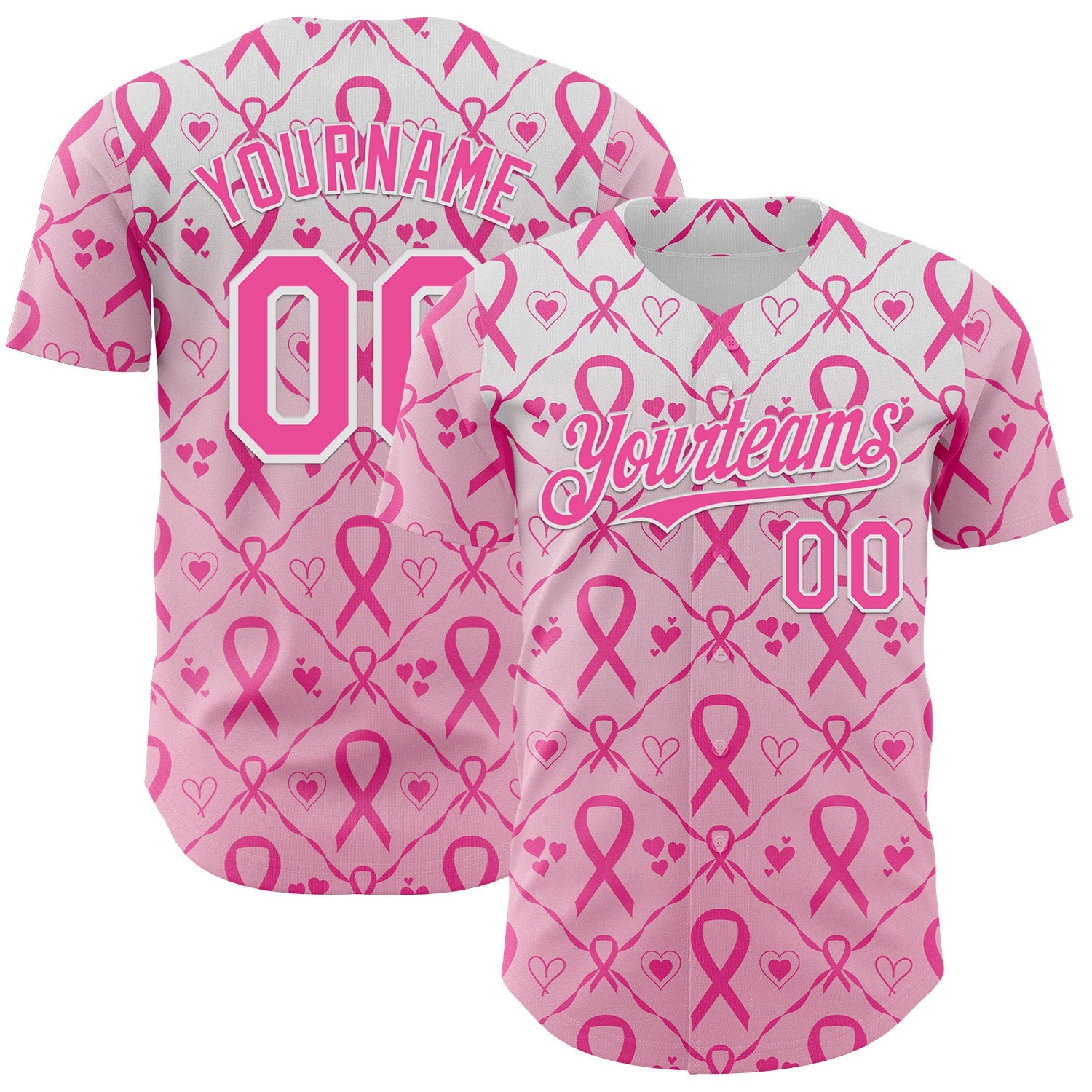 Custom White-Pink Breast Cancer Awareness Support Pink Ribbon Authentic Baseball Jersey - Main View