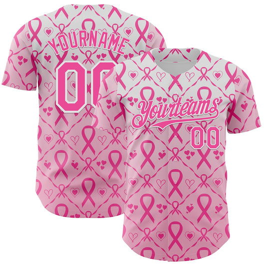Custom White-Pink Breast Cancer Awareness Support Pink Ribbon Authentic Baseball Jersey - Main View