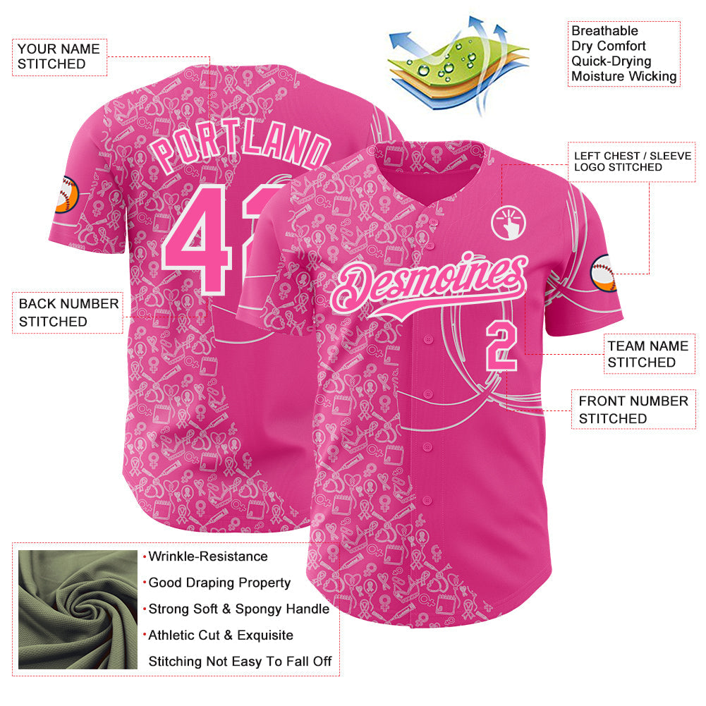 Custom Pink-White Breast Cancer Awareness Support Pink Ribbon Authentic Baseball Jersey view 3