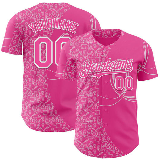Custom Pink-White Breast Cancer Awareness Support Pink Ribbon Authentic Baseball Jersey - Main View