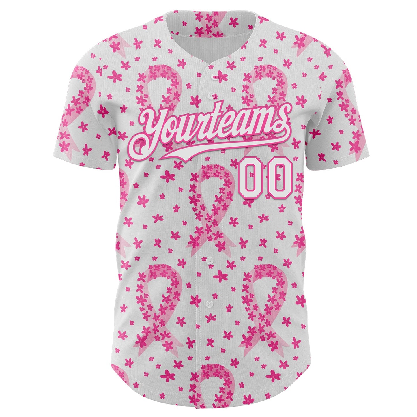Custom White-Pink Breast Cancer Awareness Pink Ribbon Floral Authentic Baseball Jersey view 2