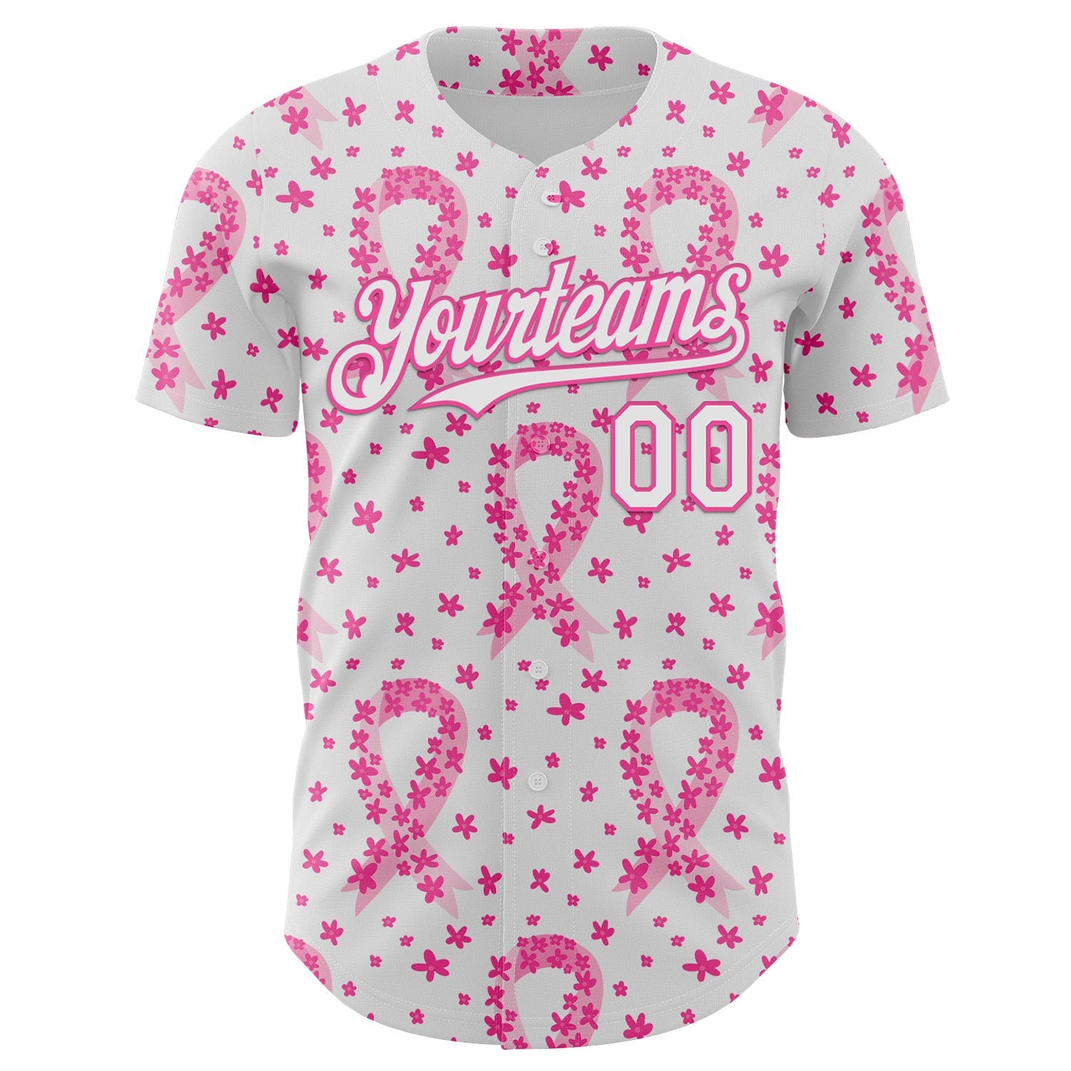 Custom White-Pink Breast Cancer Awareness Pink Ribbon Floral Authentic Baseball Jersey view 2