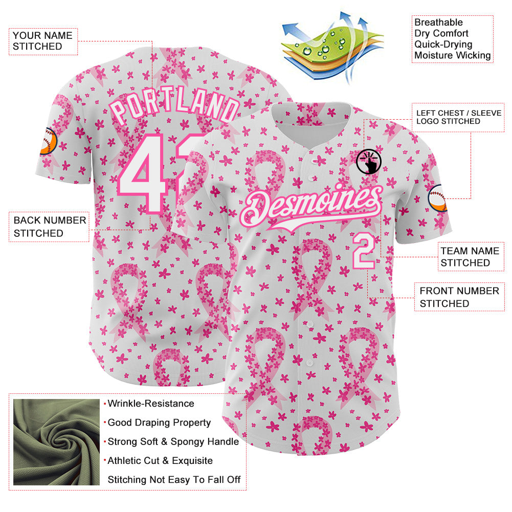 Custom White-Pink Breast Cancer Awareness Pink Ribbon Floral Authentic Baseball Jersey view 3