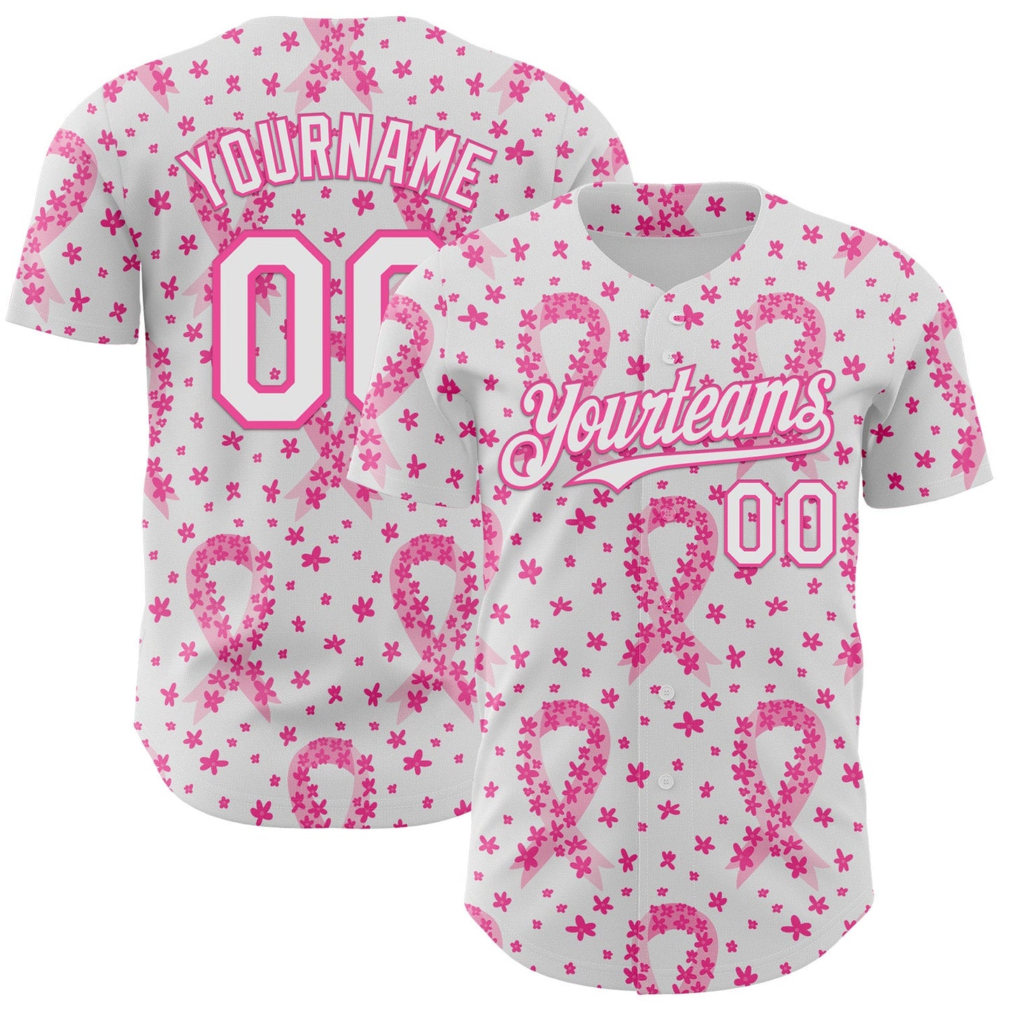 Custom White-Pink Breast Cancer Awareness Pink Ribbon Floral Authentic Baseball Jersey - Main View