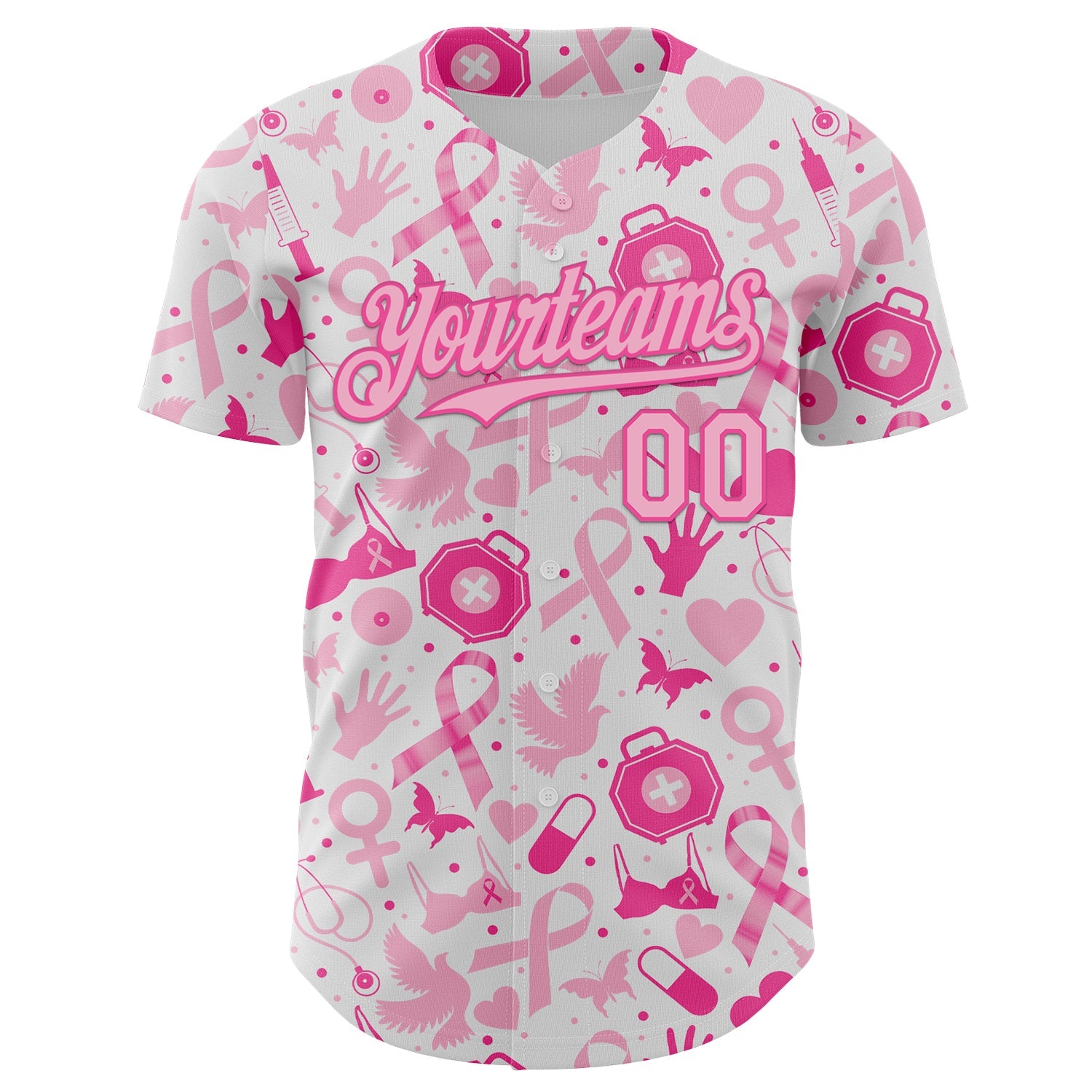 Custom White Light Pink-Pink Breast Cancer Awareness Support Pink Ribbon Authentic Baseball Jersey view 2