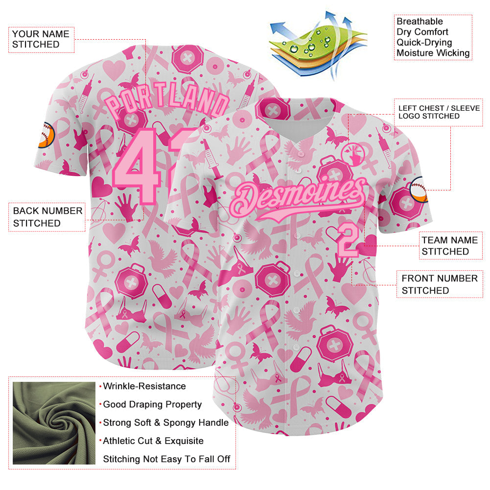 Custom White Light Pink-Pink Breast Cancer Awareness Support Pink Ribbon Authentic Baseball Jersey view 3