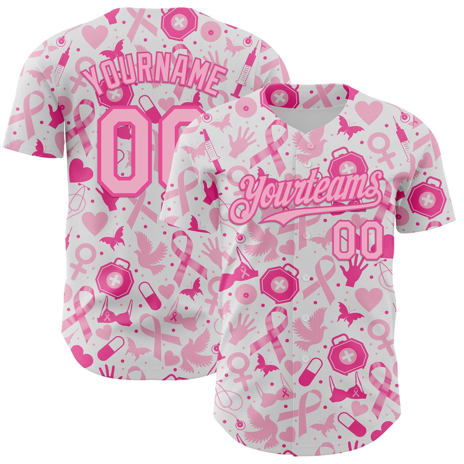 Custom White Light Pink-Pink Breast Cancer Awareness Support Pink Ribbon Authentic Baseball Jersey - Main View
