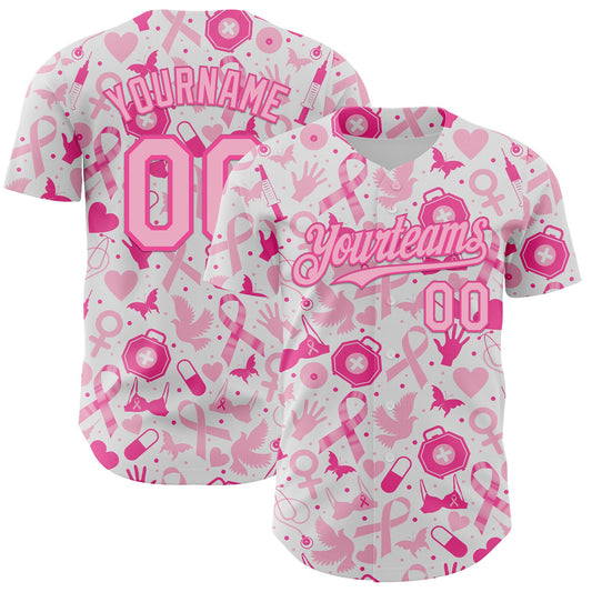 Custom White Light Pink-Pink Breast Cancer Awareness Support Pink Ribbon Authentic Baseball Jersey - Main View