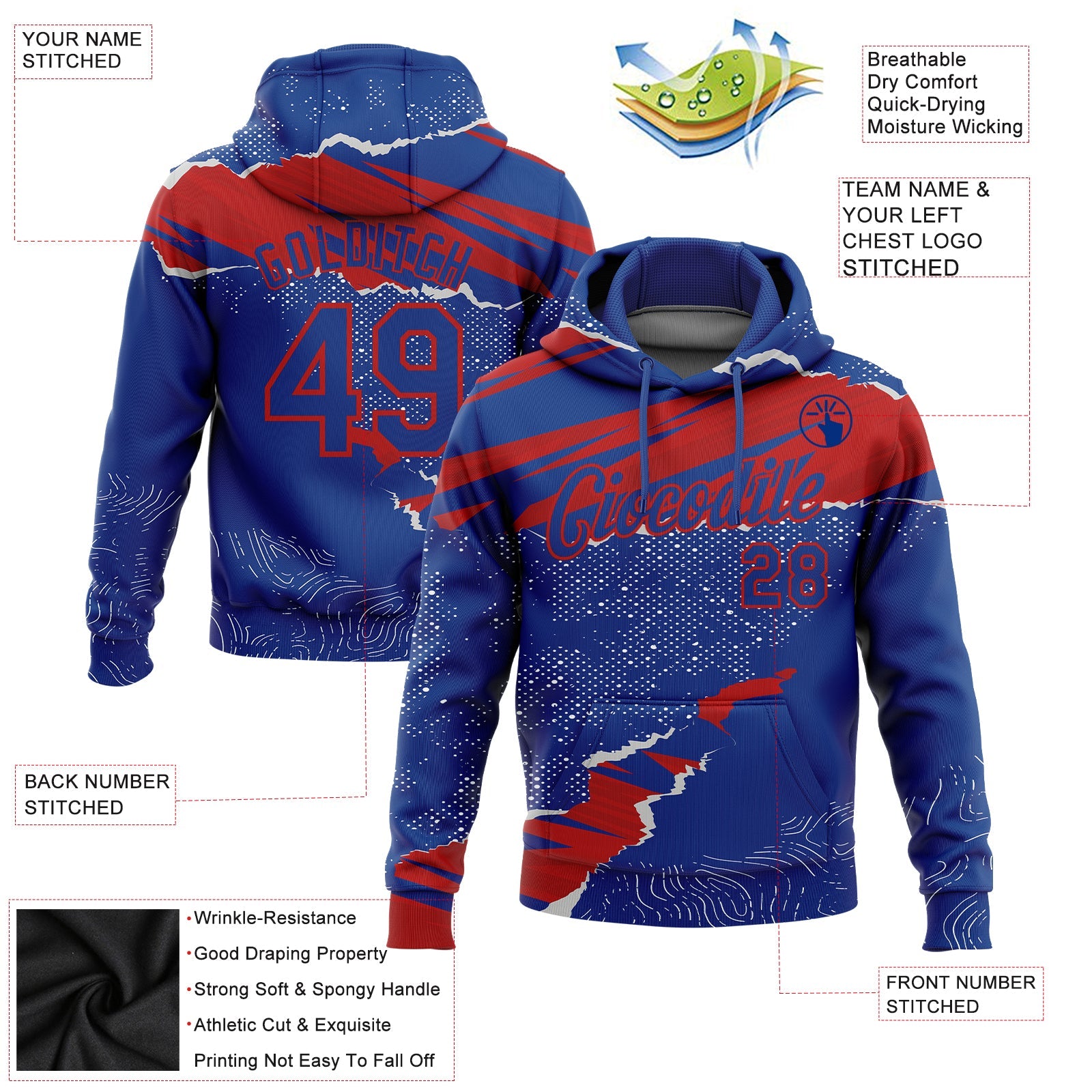 Custom Stitched Royal Red 3D Pattern Design Torn Paper Style Sports Pullover Sweatshirt Hoodie view 2
