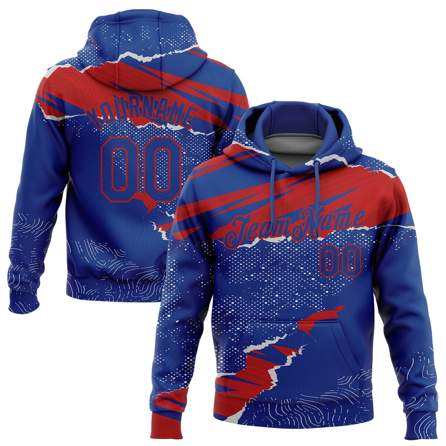 Custom Stitched Royal Red 3D Pattern Design Torn Paper Style Sports Pullover Sweatshirt Hoodie - Main View