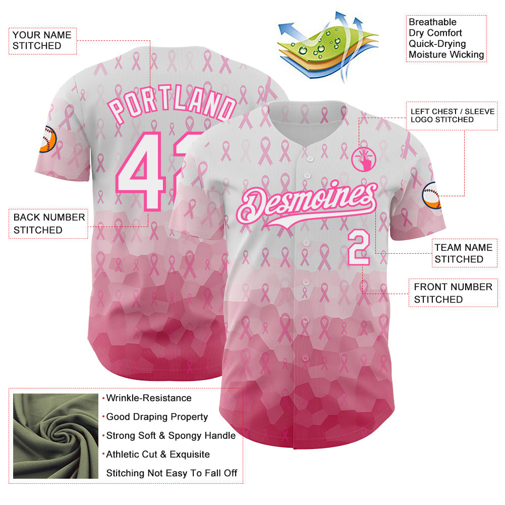 Custom White-Pink Breast Cancer Awareness Pink Ribbon Gradient Authentic Baseball Jersey view 3