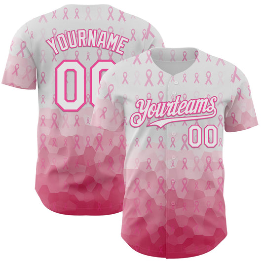 Custom White-Pink Breast Cancer Awareness Pink Ribbon Gradient Authentic Baseball Jersey - Main View