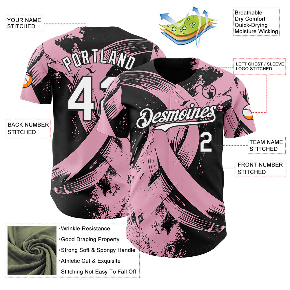 Custom Black White-Light Pink Breast Cancer Awareness Fight Pink Ribbon Authentic Baseball Jersey view 3