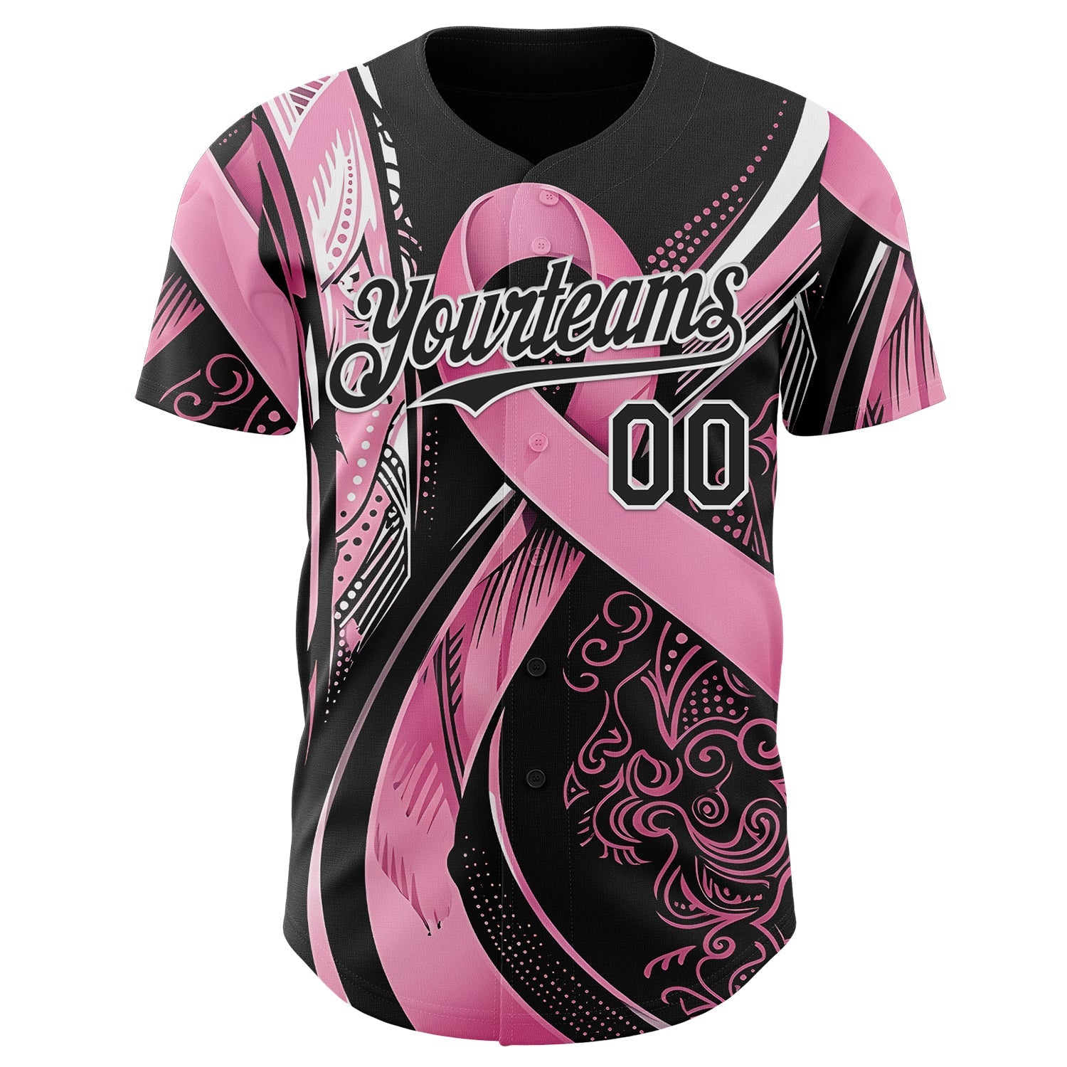 Custom Black Pink-White Breast Cancer Awareness Fight Pink Ribbon Authentic Baseball Jersey view 2