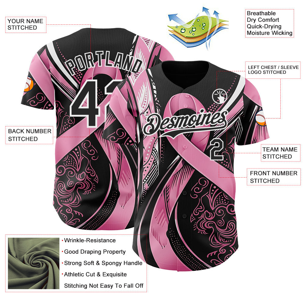 Custom Black Pink-White Breast Cancer Awareness Fight Pink Ribbon Authentic Baseball Jersey view 3