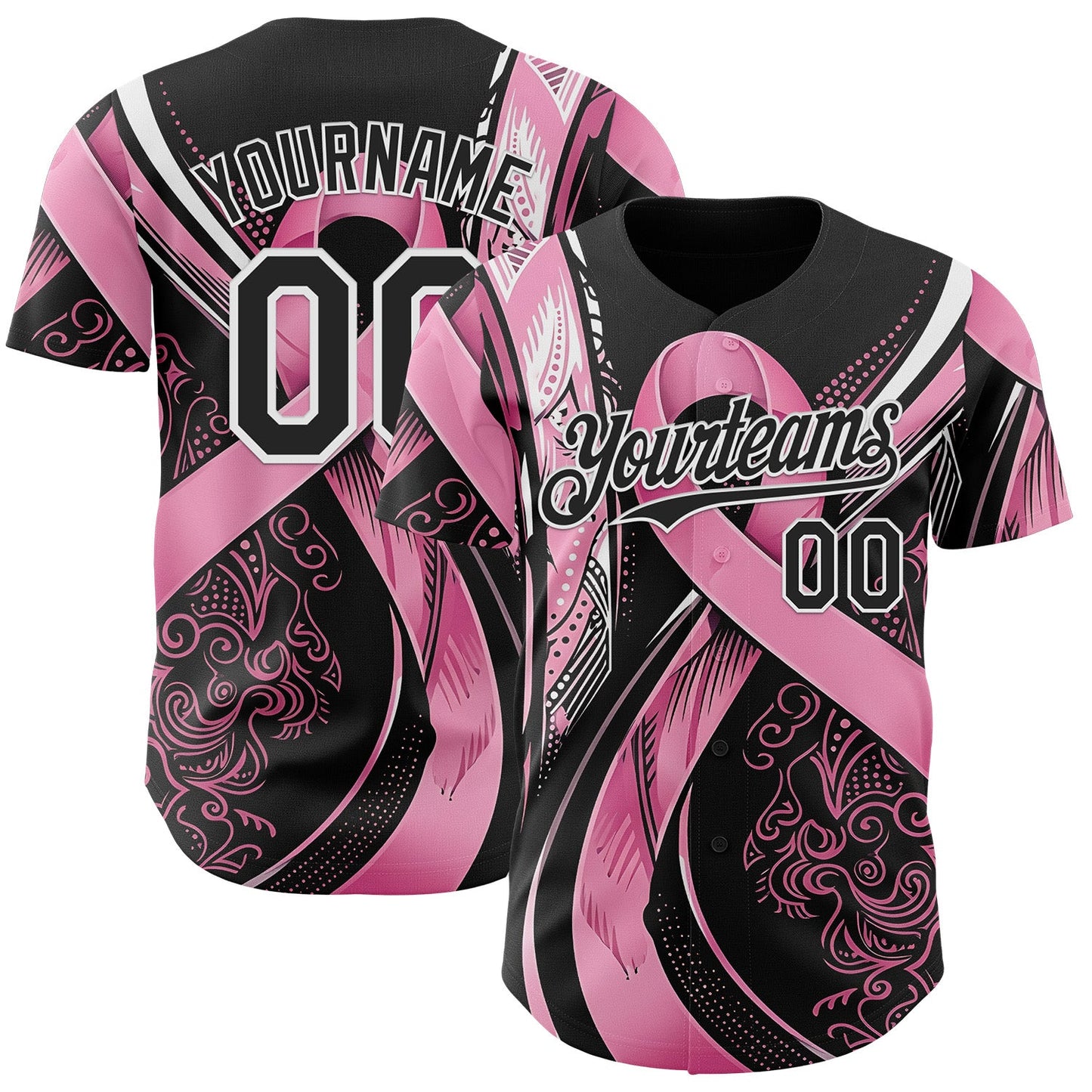 Custom Black Pink-White Breast Cancer Awareness Fight Pink Ribbon Authentic Baseball Jersey - Main View