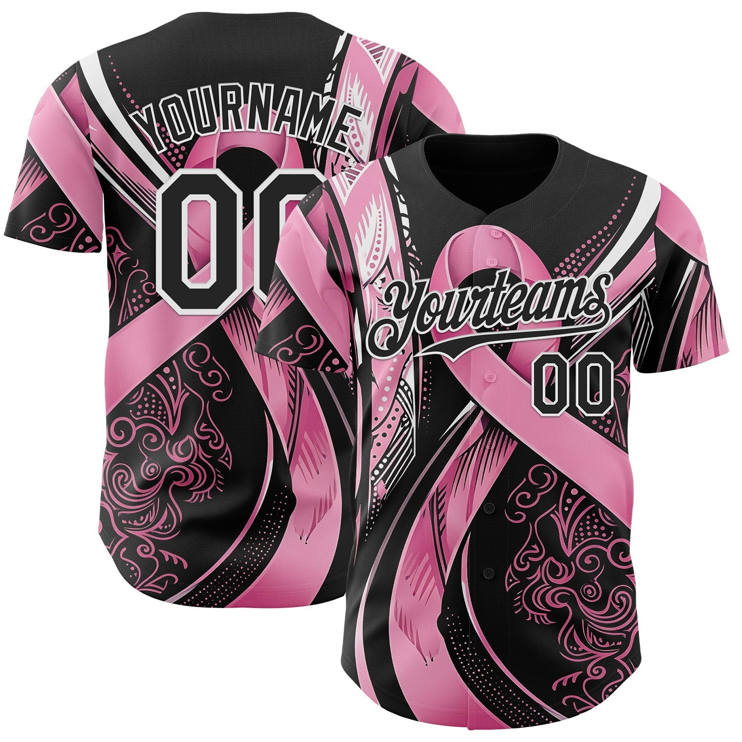 Custom Black Pink-White Breast Cancer Awareness Fight Pink Ribbon Authentic Baseball Jersey - Main View