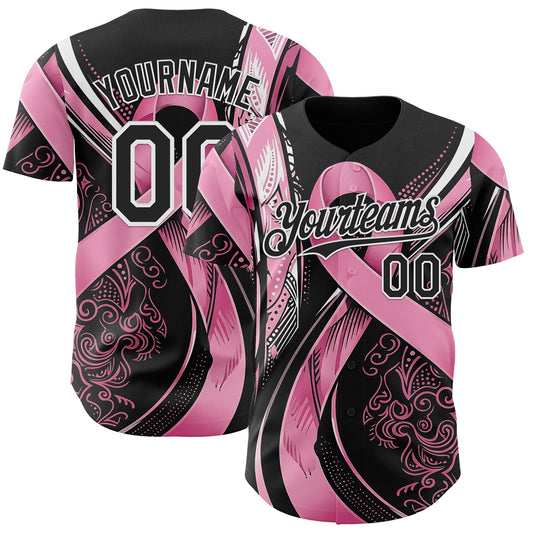 Custom Black Pink-White Breast Cancer Awareness Fight Pink Ribbon Authentic Baseball Jersey - Main View