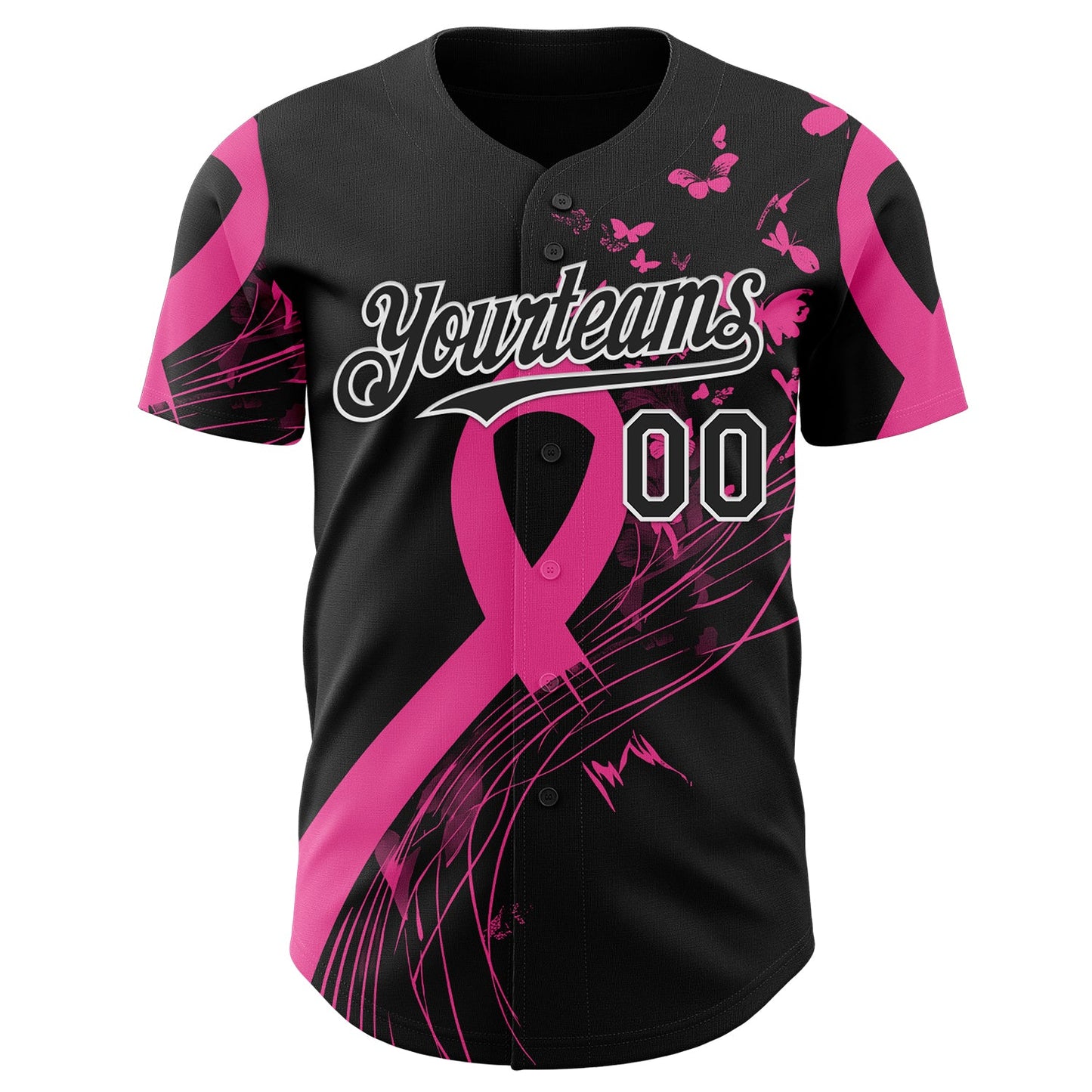 Custom Black Pink-White Breast Cancer Awareness Fight Pink Ribbon Butterfly Authentic Baseball Jersey view 2