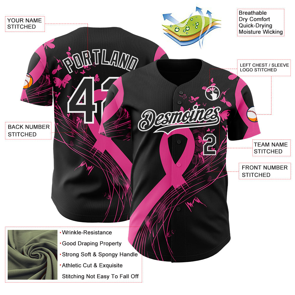 Custom Black Pink-White Breast Cancer Awareness Fight Pink Ribbon Butterfly Authentic Baseball Jersey view 3