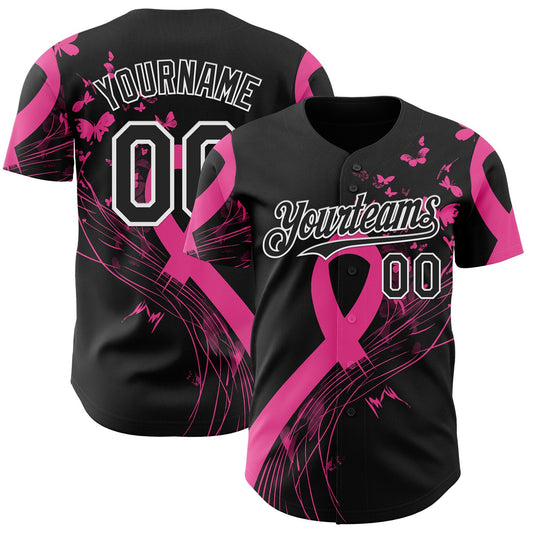 Custom Black Pink-White Breast Cancer Awareness Fight Pink Ribbon Butterfly Authentic Baseball Jersey - Main View