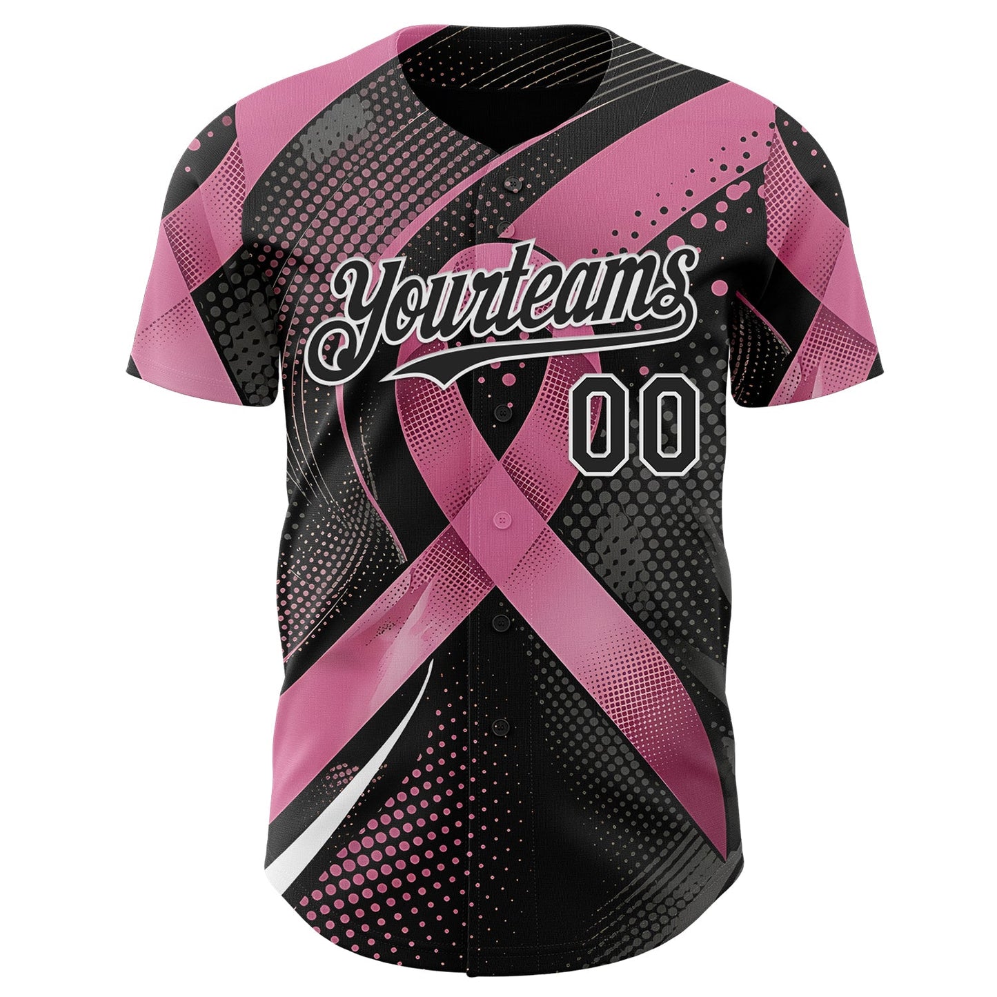 Custom Black Pink-White Breast Cancer Awareness Pink Ribbon Gradient Dot Authentic Baseball Jersey view 2