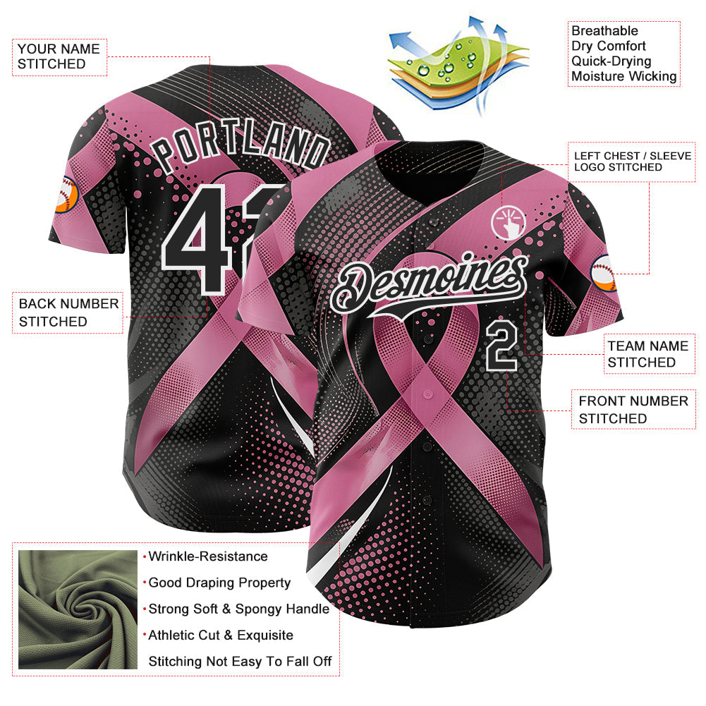 Custom Black Pink-White Breast Cancer Awareness Pink Ribbon Gradient Dot Authentic Baseball Jersey view 3
