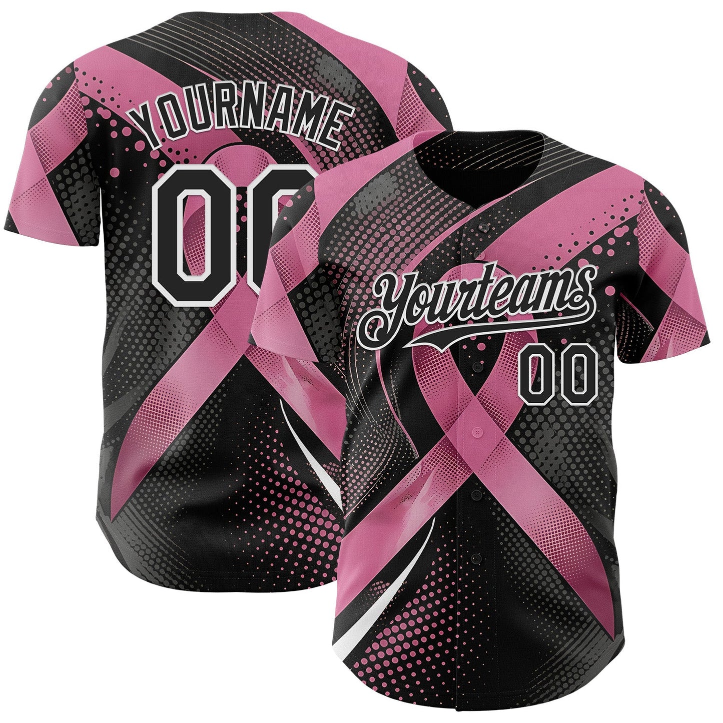 Custom Black Pink-White Breast Cancer Awareness Pink Ribbon Gradient Dot Authentic Baseball Jersey - Main View