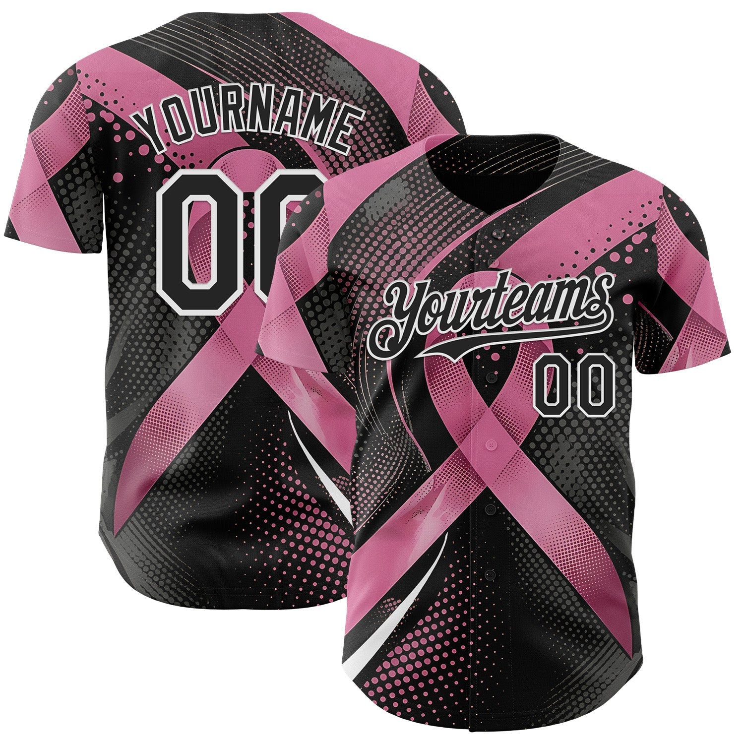 Custom Black Pink-White Breast Cancer Awareness Pink Ribbon Gradient Dot Authentic Baseball Jersey - Main View
