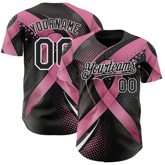 Custom Black Pink-White Breast Cancer Awareness Pink Ribbon Gradient Dot Authentic Baseball Jersey - Main View